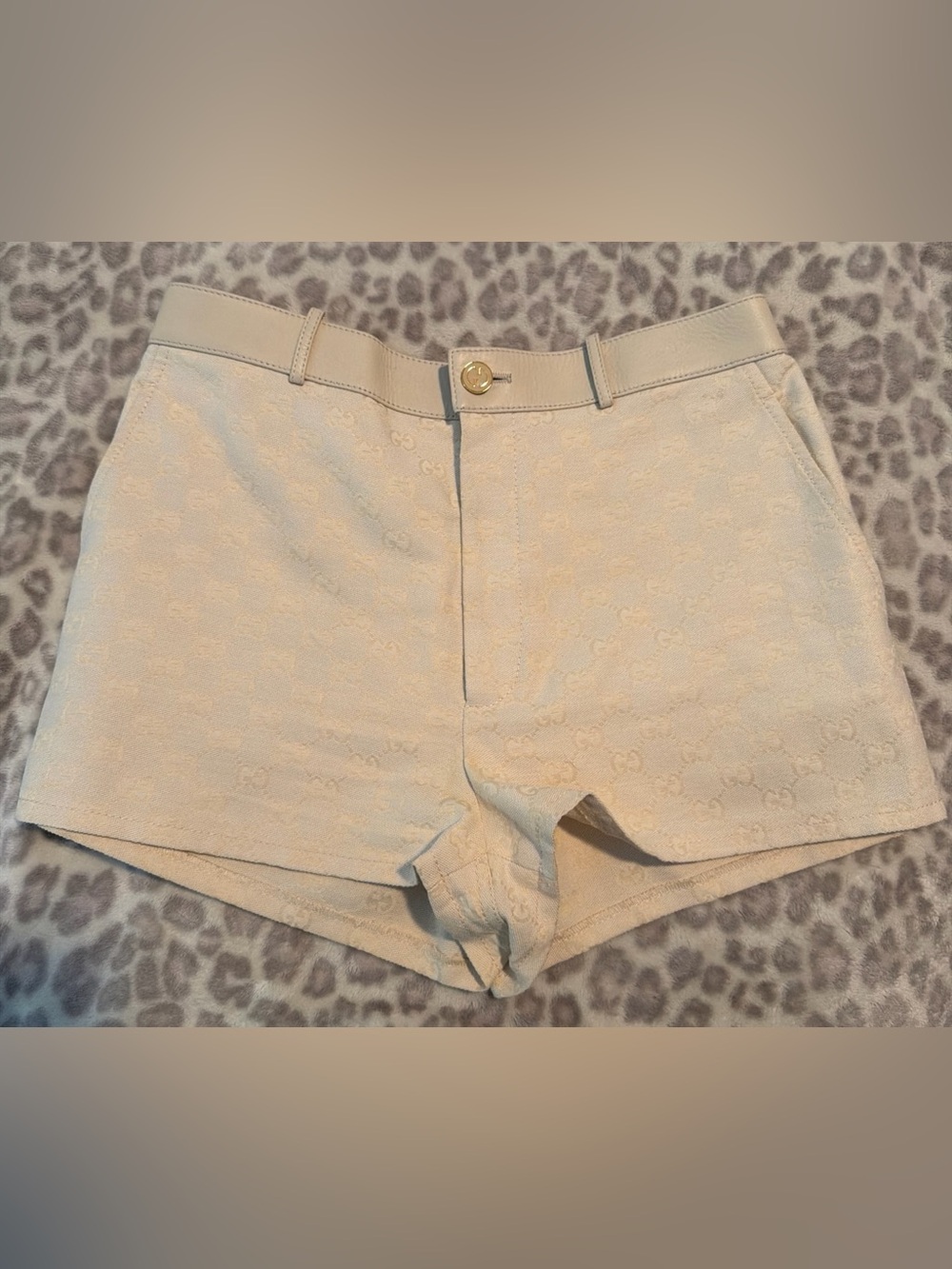 Gucci Ivory GG Monogram Canvas Leather Trimmed Shorts
